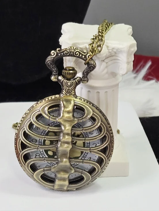 Skeleton Ribcage Pocket Watch Gothic Cutout Bone Skull Steampunk Alt Antique - Picture 5 of 8